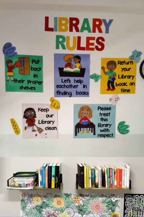 Library rules with handmade crafted posters