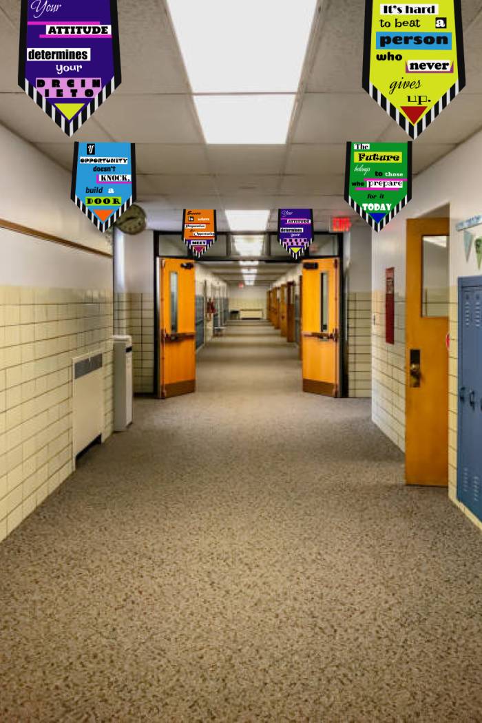 Educational school hallway banners with motivational quotes and creative designs