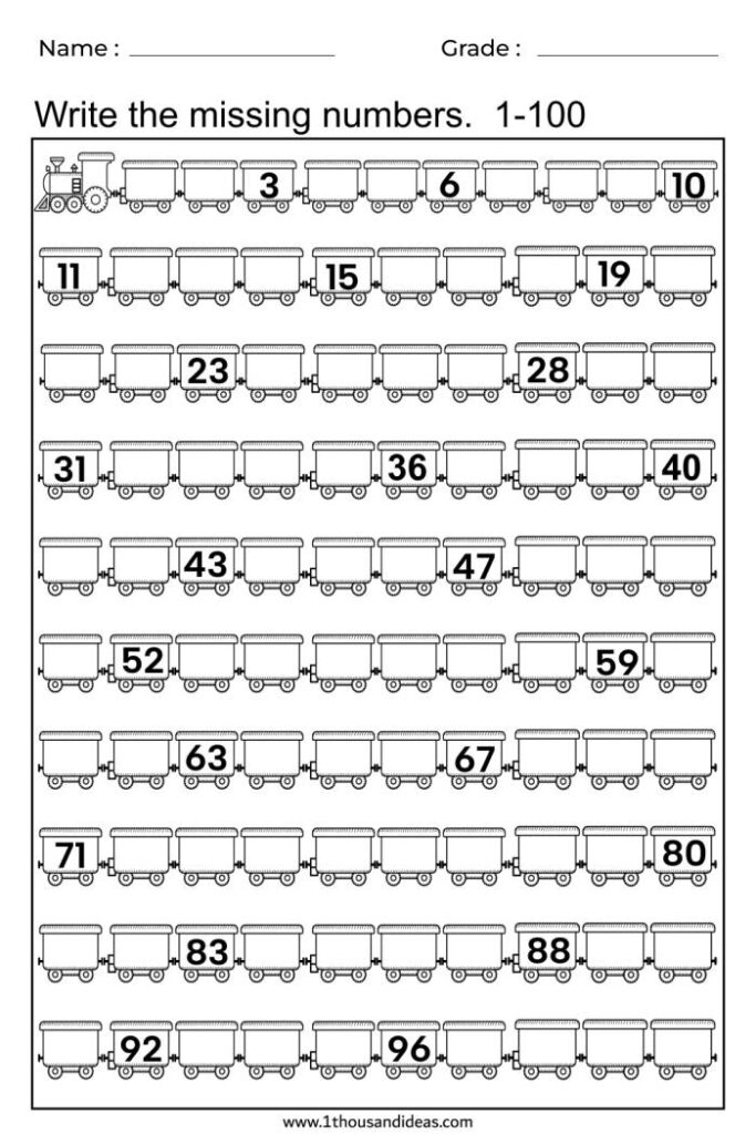 Free Printable Missing Numbers worksheet from 1 to 100