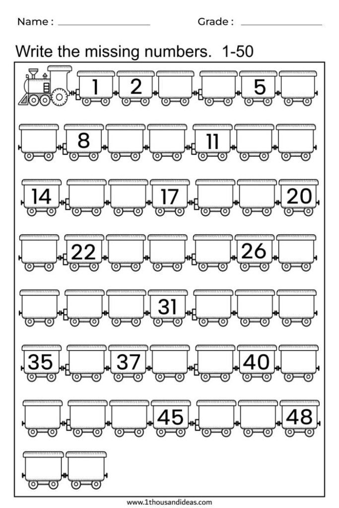 Free Printable Missing Numbers worksheet from 1 to 50